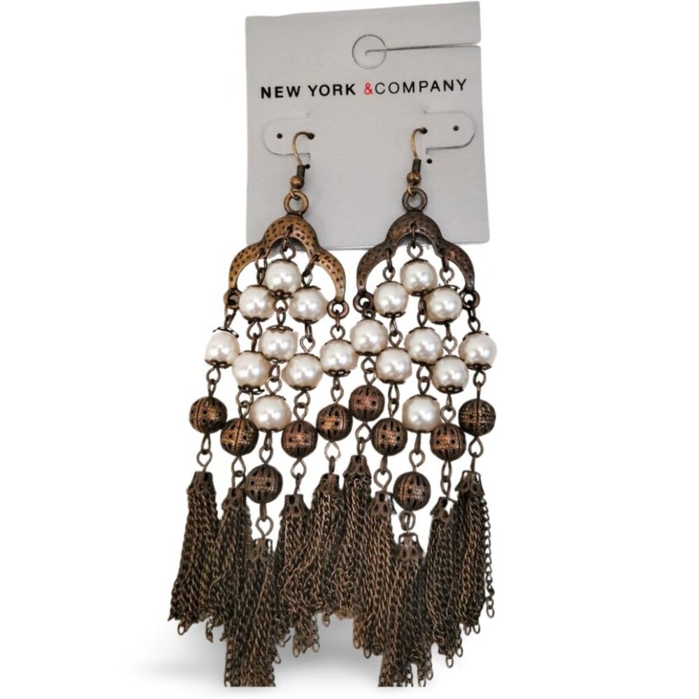 Boho Glam Deadstock Antique Gold Tone Faux Pearl 4.5" Dangle Earrings JW1534